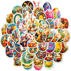 50 autocollants vintage lapin de Pâques et oeuf de Pâques - Décoration printanière artisanale, paniers de Noël, scrapbooking et étiquettes cadeaux