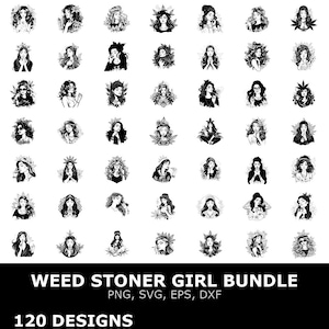 Peut inclure: Une collection de 120 illustrations en noir et blanc de femmes avec des motifs sur le thème du cannabis. Les images présentent diverses coiffures et accessoires, certaines tenant ou portant des feuilles de cannabis. Le texte "WEED STONER GIRL BUNDLE" est affiché.