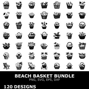 Peut inclure: Illustrations en noir et blanc de différents paniers de plage remplis d'articles tels que de la nourriture, des boissons et des accessoires de plage. L'image comprend le texte "BEACH BASKET BUNDLE" et "120 DESIGNS". Les illustrations sont de style dessin au trait.