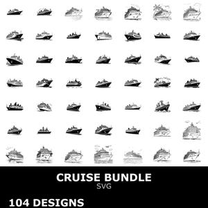 Peut inclure: Une collection de 48 illustrations de paquebots en noir et blanc, dans différents styles. L'image comprend le texte "CRUISE BUNDLE SVG" et "104 DESIGNS" en bas.