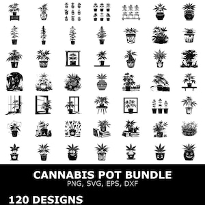 Peut inclure: Graphique en noir et blanc présentant 120 modèles de pots de cannabis. Les modèles comprennent diverses plantes en pot, certaines avec des visages, et d'autres dans des pots décoratifs. Le texte en bas indique "CANNABIS POT BUNDLE" et "120 DESIGNS".
