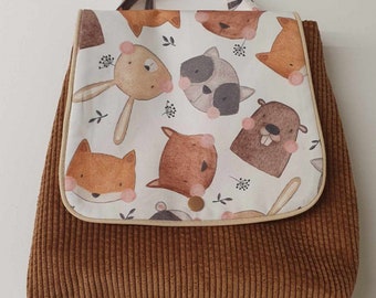 Sac à dos bébé enfant crèche nounou maternelle  prenom personnalisé Animaux  cadeau naissance anniversaire bebe velours cotelé