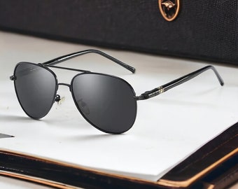 Glen Ogal Gafas de sol estilo aviador con lentes polarizadas - Marco de metal premium, negro clásico