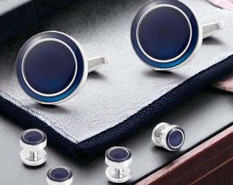 Blue Enamel Cufflinks and Studs Set for Tuxedo Shirts - Sophisticated Groomsmen Accessory with Elegant Presentation Box