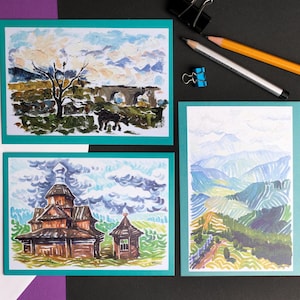 Jeu de 3 cartes de paysage de montagne ukrainien, Carpates, Carpates ukrainiennes, peinture ukrainienne, art.