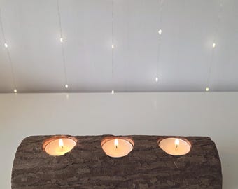 Portavelas de madera rústica hecho a mano, centro de mesa con velas de tronco natural