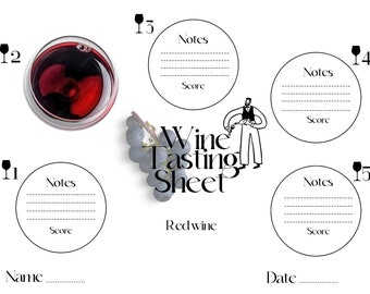 Könnte beinhalten: Ein druckbares Wein-Degustationsblatt mit fünf Abschnitten für Notizen und Bewertung. Jeder Abschnitt hat Platz für ein Weinglas-Symbol, einen Titel "Notizen" und eine Zeile für "Bewertung". Das Blatt enthält auch den Text "Wein-Degustationsblatt", "Rotwein", "Name" und "Datum".