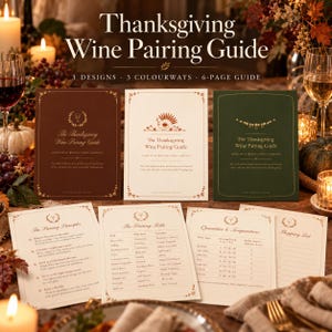 Guida stampabile agli abbinamenti vino-cibo per il Giorno del Ringraziamento, tabella per il Friendsgiving, lista della spesa, regalo per chi ospita il Ringraziamento, 3 design, 3 colori