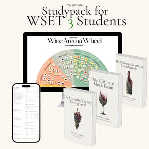 May include: A digital study pack for WSET 3 students including a computer monitor displaying a Wine Aroma Wheel, a smartphone showing a study list, and three white books titled The Ultimate Variety Tasting Grid, The Ultimate Mock Exam, and The Ultimate Summary & Studyguide.
