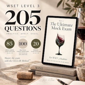 May include: A tablet displaying The Ultimate Mock Exam for WSET Level 3 students, featuring 205 questions, including 85 open-ended, 100 multiple choice, and 20 bonus questions. A wine cork with text, two books, and a glass of red wine are also visible.