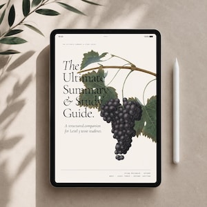 Puede incluir: Una tableta digital muestra "The Ultimate Summary & Study Guide" con una ilustración botánica de uvas y hojas. Un lápiz óptico blanco está al lado. La guía es para estudiantes de vino de nivel 3.