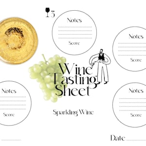 May include: A printable wine tasting sheet for sparkling wine. The sheet has five sections for tasting notes and scoring, with a glass icon next to each section. The sheet also includes the text "Wine Tasting Sheet" and "Sparkling Wine".