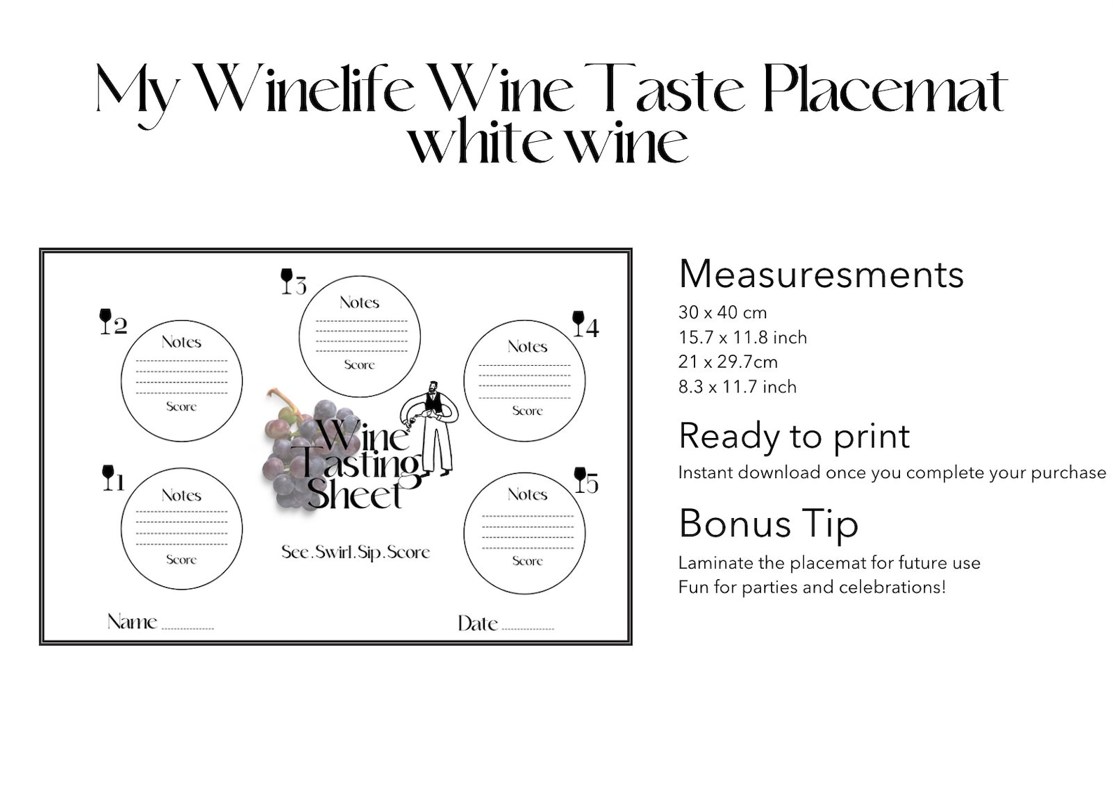 White Wine Tasting Score Card: Printable Placemat (PDF Download) - Etsy