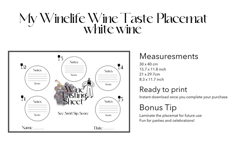 White Wine Tasting Score Card: Printable Placemat (PDF Download) - Etsy