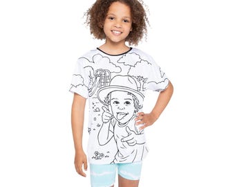 Niño juguetón señalando estilo colorear Camiseta infantil / Boceto de patio de recreo AOP