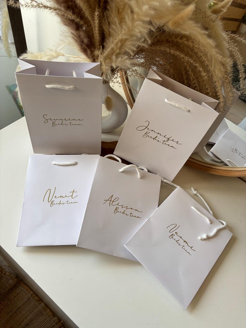 May include: A collection of white and light pink gift bags with gold lettering. Each bag has a name and the words "Bride Team" printed on it. The bags have white rope handles and are arranged on a white surface.