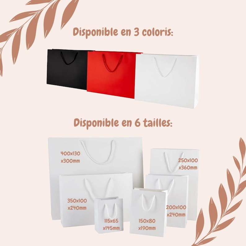 May include: A selection of paper shopping bags in black, red, and white, with white handles. The image displays bags in various sizes, with dimensions ranging from 4.5 x 2.5 x 5.7 inches to 15.7 x 5.1 x 11.8 inches.