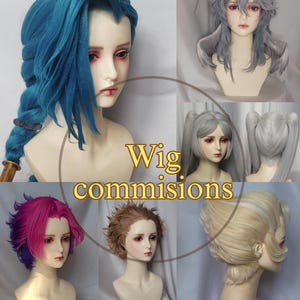 Custom Cosplay wigs, cosplay wig commision. Examples of individual wig commisions. Jinx wig, arcane, Genshin, Honkai star rail