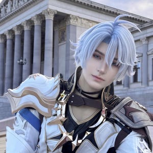 Może przedstawiać: Kostium cosplay składający się z biało-czarnej kurtki ze złotymi akcentami w kształcie gwiazd, naramienników i czarnego kołnierza. Strój uzupełniają jasnoniebieskie włosy w cieniowanym cięciu. Tekst 'model: @yternrr' jest widoczny w prawym górnym rogu.