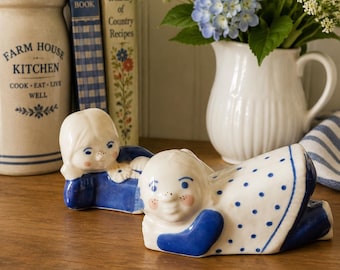 Two 1970s Porsgrund Figurines Design by Kirsten Laub Eberlein - Collectible Norwegian Scandinavian Ornament - Blue and white boy girl Decor