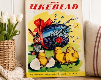 Vintage 1959 Norwegian Magazine – Easter Cover,  Norsk Ukeblad, Mid Century Ephemera, Retro Ads, Scandinavian Collectible