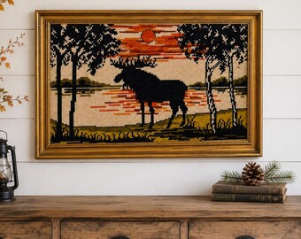 Vintage Norwegian Moose Needlepoint Wall Art – “Elg i solnedgang” – Framed Scandinavian Tapestry, Nordic Cabin Lodge Decor
