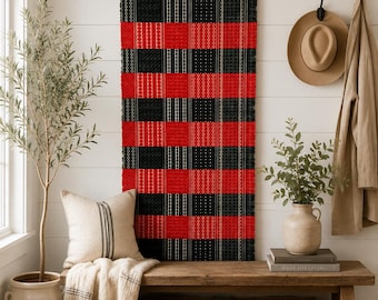 Antique  Norwegian Handwoven Wall Hanging - Scandinavian Folk Art Textile -  Wool Åkle - Red Green Wall Tapestry - Rustic Cabin Decor