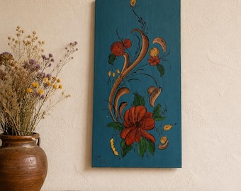 Signed 1979 Norwegian Rosemaling Wall Plaque - Hand Painted Folk Art Wooden Board  - Scandinavian Nordic Floral Decor