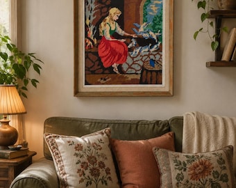 Vintage Norwegian Cinderella Needlepoint - Framed Handmade Embroidery Wall Art- Scandinavian Fairytale Decor