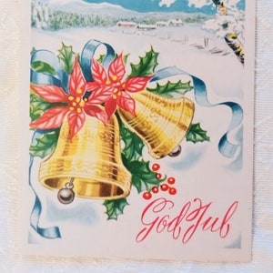Cartão de Natal Nordic God Jul - Cartão vintage com Hollys e sinos God Jul - Não utilizado - Presente da Suécia Dinamarca Noruega - Cartão dos anos 1970