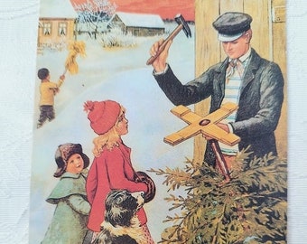 Biglietto di Natale nordico God Jul - Bambini fuori a prendere un albero di Natale - Cartoline di auguri scandinave inutilizzate - Regalo norvegese