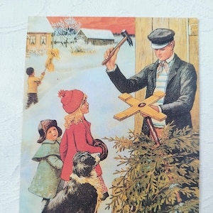 Biglietto di Natale nordico God Jul - Bambini fuori a prendere un albero di Natale - Cartoline di auguri scandinave inutilizzate - Regalo norvegese