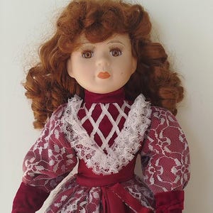 Elegant Porcelain Doll with Curly Auburn Hair - Red Gown & Lace Accents -  Collectible Victorian Lady -Collectible Display Doll -
