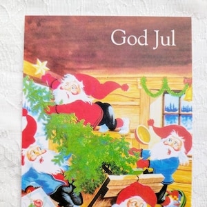 Divertente cartolina di Natale nordica - Cartolina di Natale norvegese svedese Tomte Nisse - Cartolina di auguri scandinava