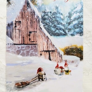 Carte de Noël Nordic God Jul - Joli nain assis dans la neige avec un traîneau - Voeux norvégien Nisse Tomte - Tomte suédois Cartes postales