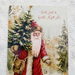 Biglietto di Natale nordico con Babbo Natale, buon Natale e felice anno nuovo, svedese norvegese God Jul, cartoline di auguri scandinave