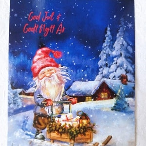 Cartão de Natal Norueguês Nisse Sueco Tomte - Lindo Gnomo no trenó com presentes - Deus Jul Feliz Ano Novo - Cartões postais de saudação nórdica