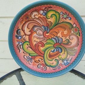 Große signierte norwegische Rosemaling Telemark Wandbehang Schale - Norwegen Volkskunst - Vintage Skandinavisch - Bauernhaus Cottage Dekor