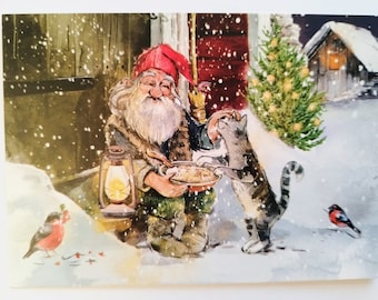 Swedish Tomte Norwegian Nisse Christmas Card - Lovely Gnome sitting with rice porridge and cat, bullfinch - Nordic greeting Postcards