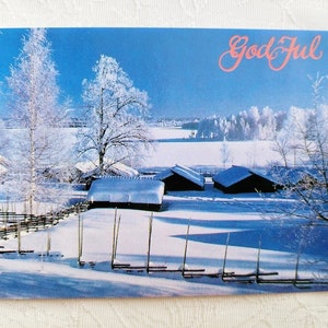 Cartolina con scena invernale norvegese - Cartolina di Natale Nordic God Jul - Cartolina di auguri scandinava
