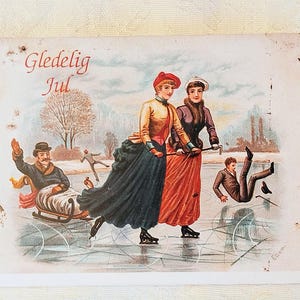 Gledelig Jul - Biglietto di auguri di Natale norvegese danese - Persone che pattinano sul ghiaccio in inverno - Cartolina di auguri scandinava