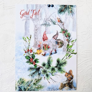 Cartão de Natal Nordic God Jul - Lindo Gnomo com presentes para carregar - Cartões postais de saudação Sueco Tomte Norueguês Nisse Tomte