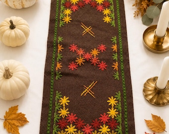 Vintage Scandinavian Embroidered Table Runner | Norwegian Nordic Needlework | Brown Orange Yellow Green Folk Art Textile | Handmade Decor