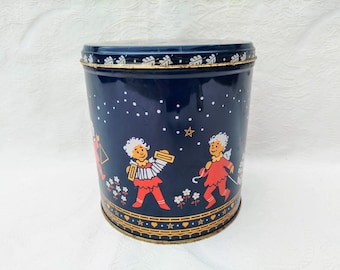 Caja de hojalata con ángeles navideños suecos y noruegos: ángeles que cantan y bailan, caja de metal sueco y noruego, caja de recuerdo escandinava azul y roja