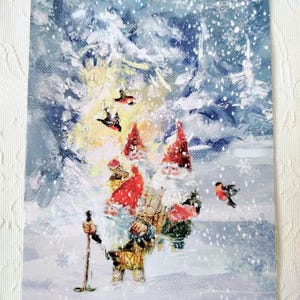 Biglietto di Natale Tomte svedese, norvegese, Nisse - Graziosi gnomi che consegnano regali con gli uccelli - Cartoline di auguri nordici
