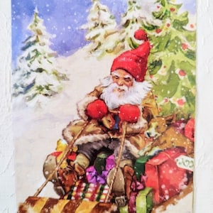 Tomte suédois et norvégien Nisse - Joli gnome monté sur un traîneau avec des cadeaux - Carte de Noël nordique - Cartes postales de voeux