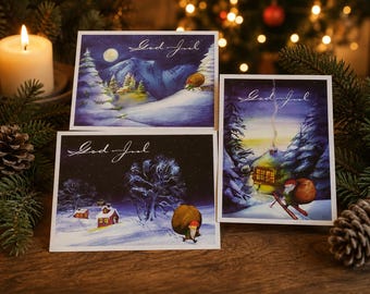 3 Vintage Norwegian Christmas  Greetings Postcards – Arnt Steinseth Heim – Scandinavian Nisse Santa Winter Art – God Jul Norway