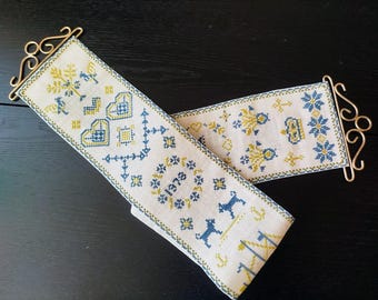 1978 Handmade Norwegian Cross Stitch Wall Decor – Nordic Folk Motifs Wall Hanging - Vintage Scandinavian Embroidered Tapestry
