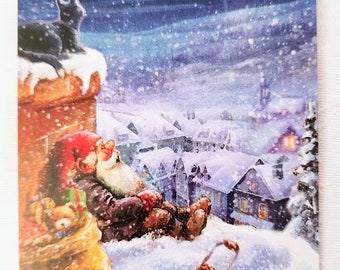 Norwegian Nisse Swedish Tomte  Christmas Card - Lovely Gnome sitting on roof top with cat-  Nordic greeting Postcards