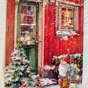 Carte de Noël Nordic God Jul - Joli nain dans une maison pour offrir des cadeaux - voeux suédois norvégien Nisse Tomte Cartes postales